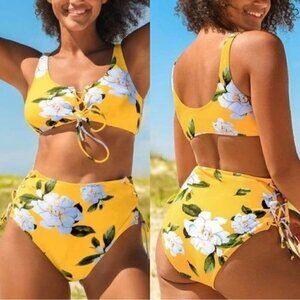 NWT Yellow Floral Printed High Rise Sexy Bikini Set Size Small Bathing Suit